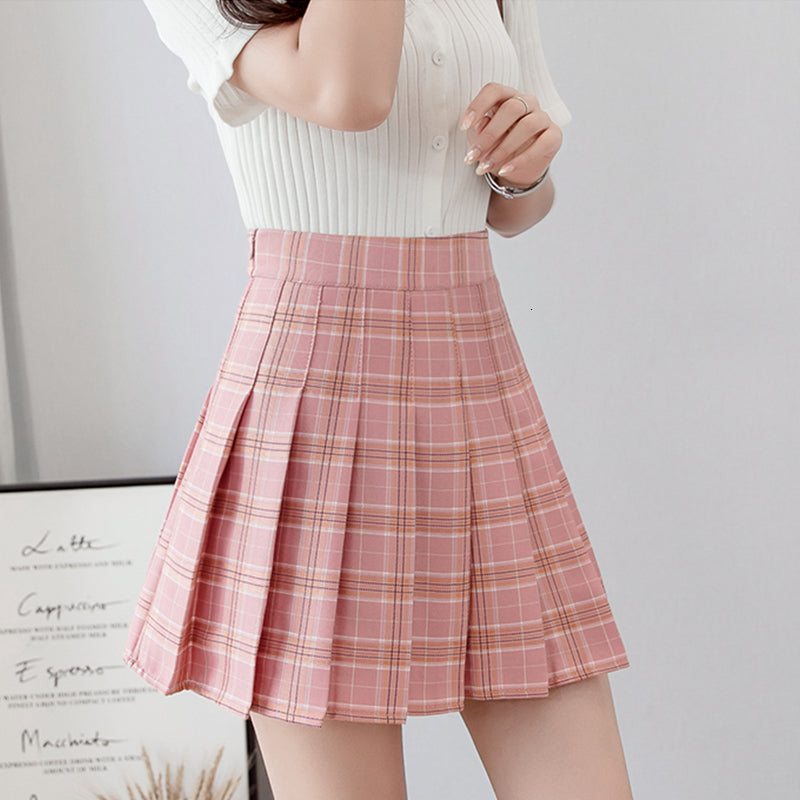 2021 Women Red Pink Plaid Mini Pleated Skirt Fashion Spring Summer Slim Short New Casual High Waist Skirts M4dp