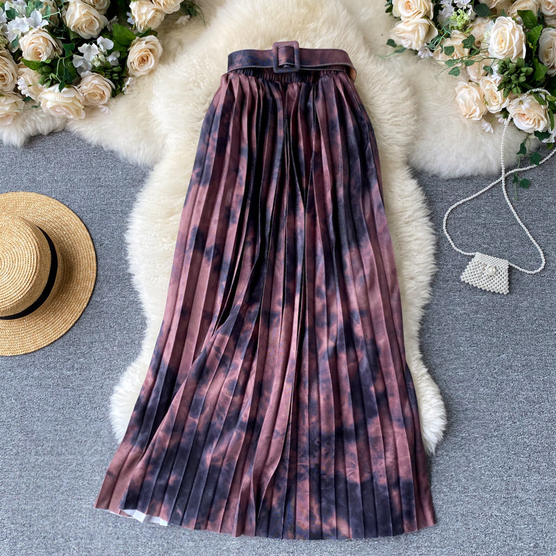 2021 Autumn Ink Tie Dye Pleated Skirt for Women High Waist Purple Print Skirts with Sashes Belt Female Vacation Beach Faldas Saia Gf73