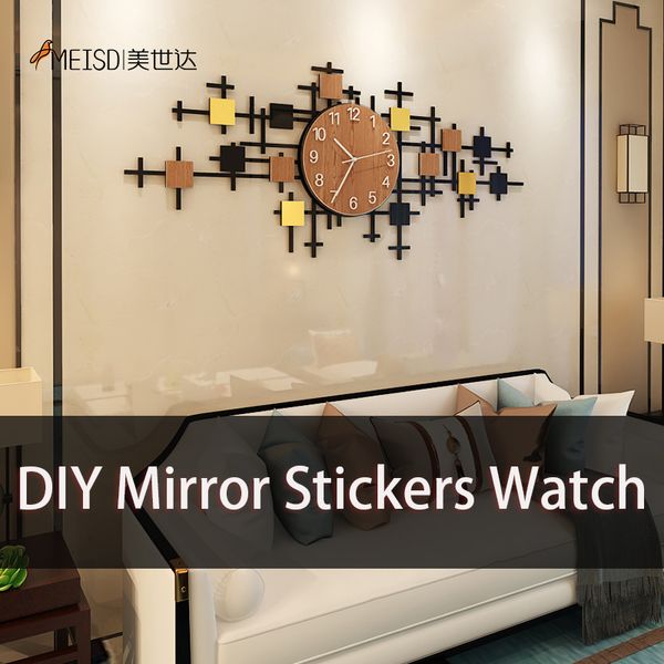 MEISD Decorative Clock Wood Color DIY Mirror Sticker Watch Creative Home Decor Self Adhesive Room Horloge Wall Art Free Shipping 210309
