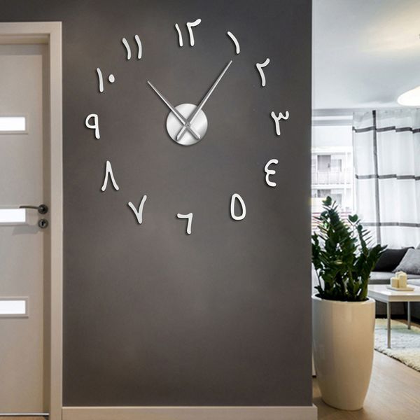 Arabic Numerals DIY Giant Wall Clock Arabic Numbers Acrylic Mirror Effect Stickers Frameless Large Silent Wall Watch Home Decor 210309