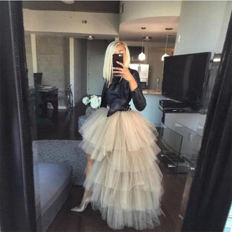 Fashion Hi Low Tiered Tulle Skirts Women Ruffle Extra Puffy Zipper Waistline Long Party Skirts Custom Made 210310