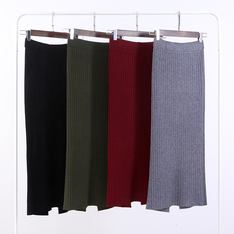 2021 New 80cm Elastic Band Women Skirts Autumn Winter Warm Knitted Straight Ribbed Mid-long Skirt Black Pct1