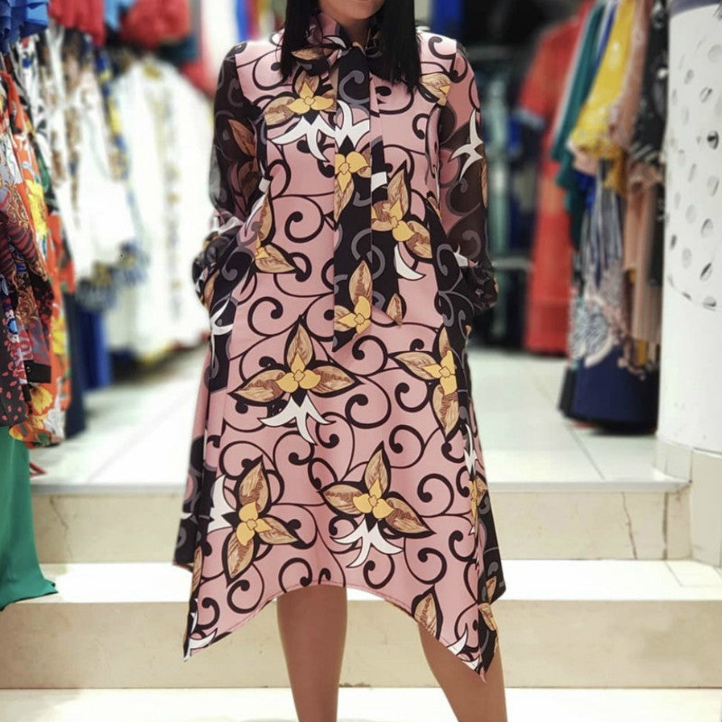 2021 New Women Printed Loose Long Sleeve Irregular Length Elegant Office Ladies Classy Female Fashion Spring Summer African Retro Iirx