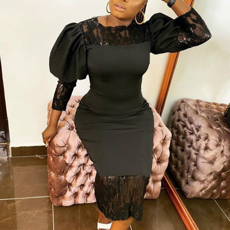 2021 New Women Bodycon Lace Patchwork Long Lantern Sleeves Elegant Classy Office Ladies Vestidos Sheath African Fashion Plus Size Mdi2