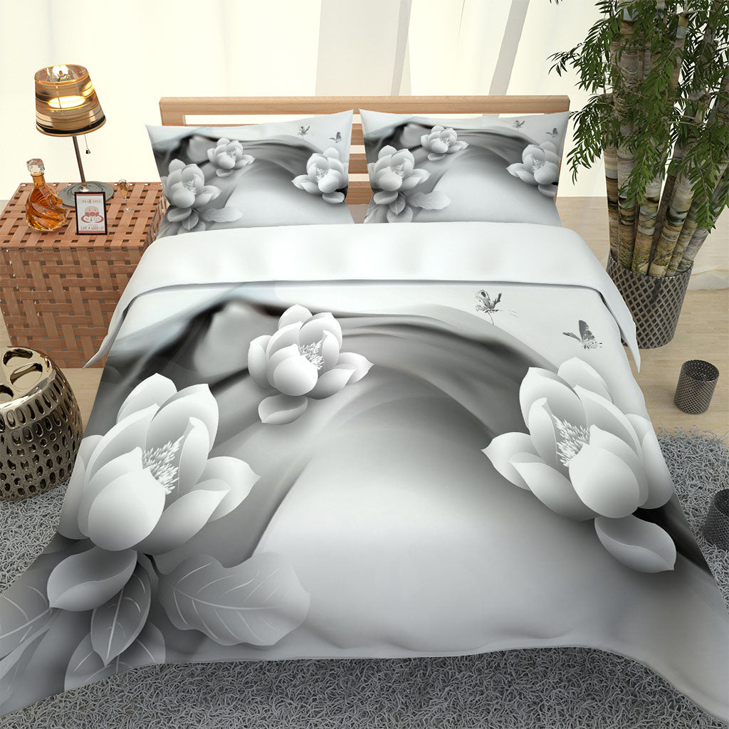 Photo grey flower Bedding Set Red 4pcs Duvet Cover Sets Pillowcase 4pcs Duvet Cover Sets 3d bedding set