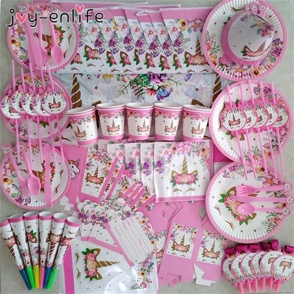 81pcs-set Unicorn Party Supplies Pink Rainbow Unicorn Banner Plates Cups Napkins Straws Baby Shower Kids Birthday Decorations Y201006