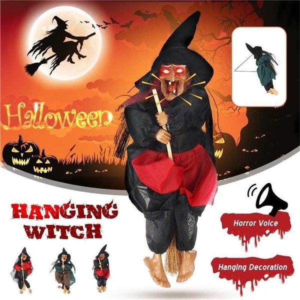Halloween Hanging Witch Dolls Voice Control Prop Animated Ghost Scary Riding Broom Wall Hang Party Outdoor Home Decoration Toy Y201006