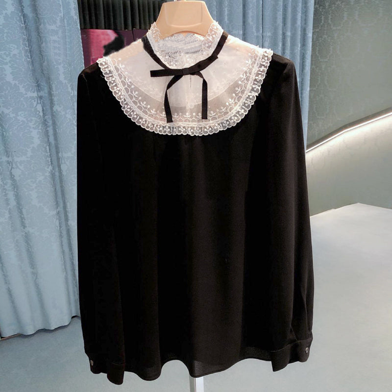 2021 New Runway Designers Tops Mujer Autumn Winter Elegant Lace Organza Diamonds Bow Patchwork Long Sleeve Blouses Womens R5ev