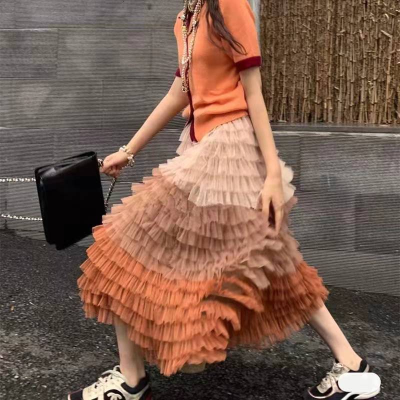 2021 New Runway Designers Elegant Ruffles Pleated Long Skirts for Women Spring Vintage Patchwork Mesh Maxi Skirt 632x