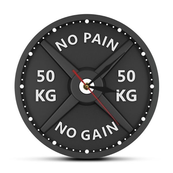 PAIN NO GAIN 50KG Barbell 3D Modern Clock Weight Lifting Dumbbell Bodybuilding Wall Watch Gym Workout Strongman Gift 210310