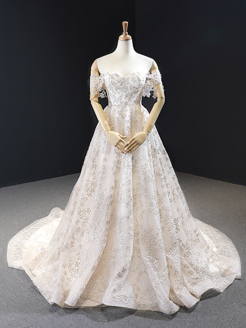 Beauty Ivory-Silver Sweetheart Lace Applique A-Line Wedding Dresses Bridal Pageant Dresses Wedding Attire Dresses Custom Size 2-18 W312019