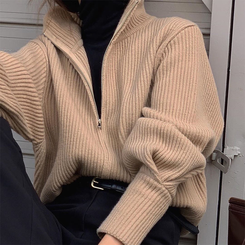 Half High Collar Zipper Cardigan Women&#039;s Fall - Winter 2021 Retro Design Fashionable Pit Stripe Slim Long Sleeve Sweater 85p9