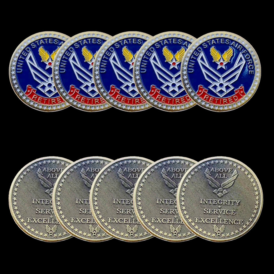 5pcs Non Magnetic Military Craft United States Air Force Retired Above All Initegrity Service Excellence Bronze Plated Challenge Coin