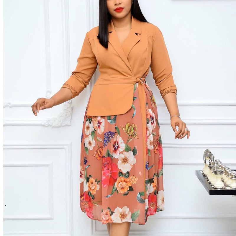2021 Women Long Sleeve Patchwork Printed Notched with Waist Belt African Fashion Plus Size Ladies Elegant Office Work Wear New Rhf5