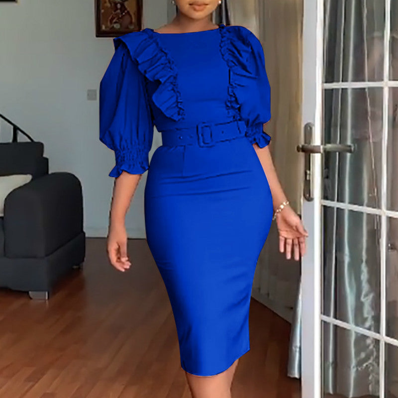 2021 New Women Bodycon o Neck Office Ladies Ruffles Work Wear Half Lantern Sleeves High Waist Elegant Classy Package Hip African Hg4l