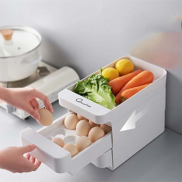 Food Organizer Egg Storage Box Refrigerator Fresh-keeping Box Kitchen Supplies Fruits and Vegetables Drawer Type Can Be Stacked 210315