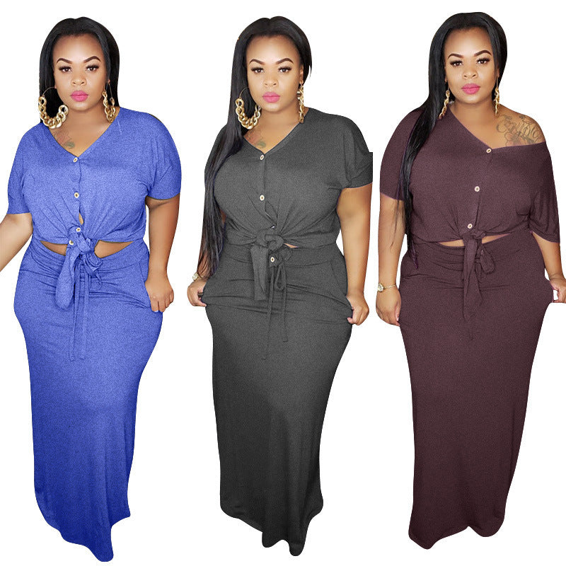 2021 Women Plus Size Two Piece New Casual Knit Matching Sets V-neck Blouses Maxi Midi Skirts Suit Wholesale Dropshpping (xl-5xl) Peus