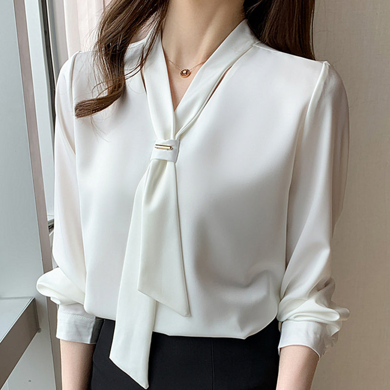 Long Sleeve White Blouse Bow V-neck Chiffon Shirt Womens Tops Women Blusas Mujer De Moda 2021 Blouses E367
