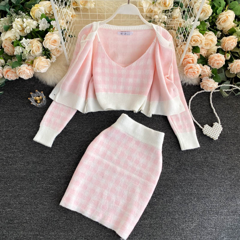 Korean Sweet Dress Knit Plaid Cardigans Camisole Skirts 3pcs Sets Girls Short Sweater Coat Vest Mini Skirt Suits Women Outfits