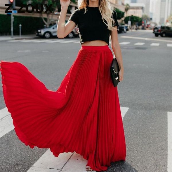 Z-zoux Women Skirt High Waist Pleated Long Skirts Black Pink White Red All Match Vintage Pleated Skirts Women Clothes Summer 210315