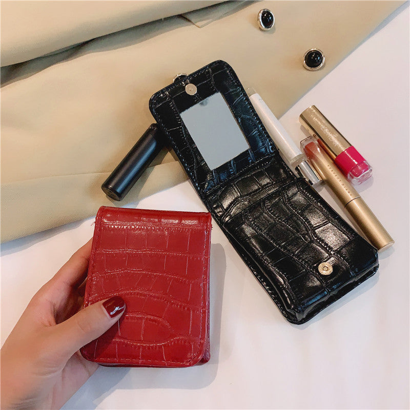 2021 Crocodile pattern mini bag portable women&#039;s travel lipstick storage pouch cosmetic bags with rectangular flap and small mirror