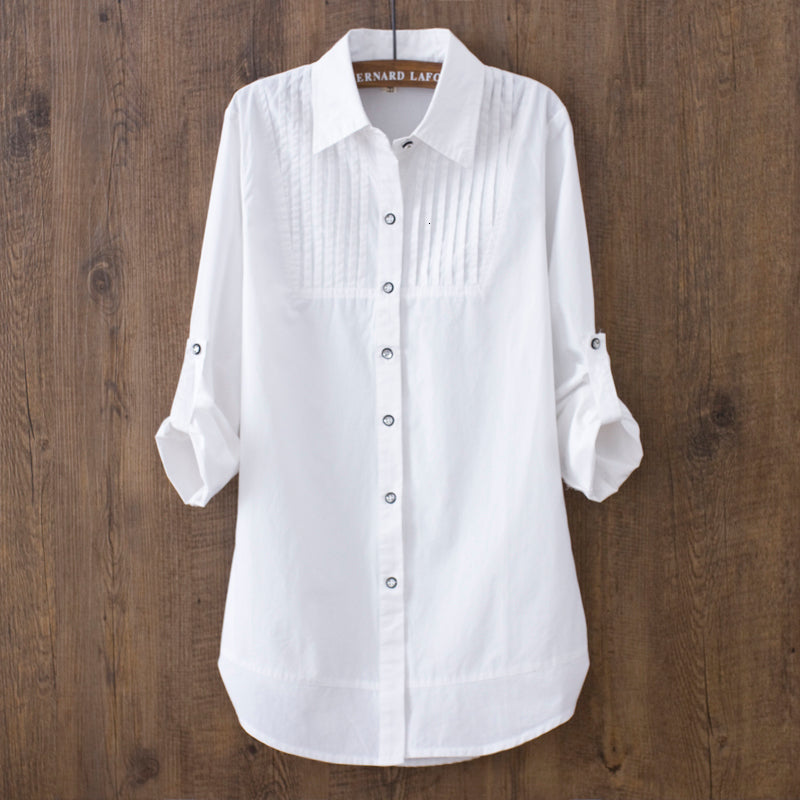 Spring Summer Woman Blouse with Long Sleeves 100% Cotton Casual Work White Shirts Office Button Elegant Tops 0.22 T50j