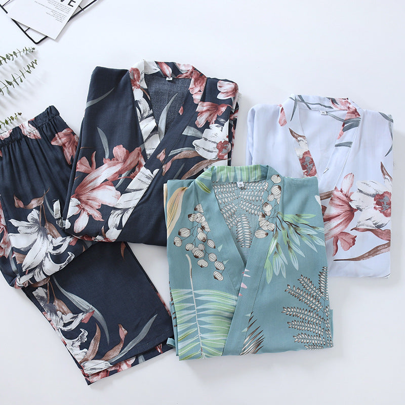 2021 New Kimono Women Viscose Female Sleepwear 3-4 Sleeves Long Pants Nightwear Set Couple Pajamas Lnjm