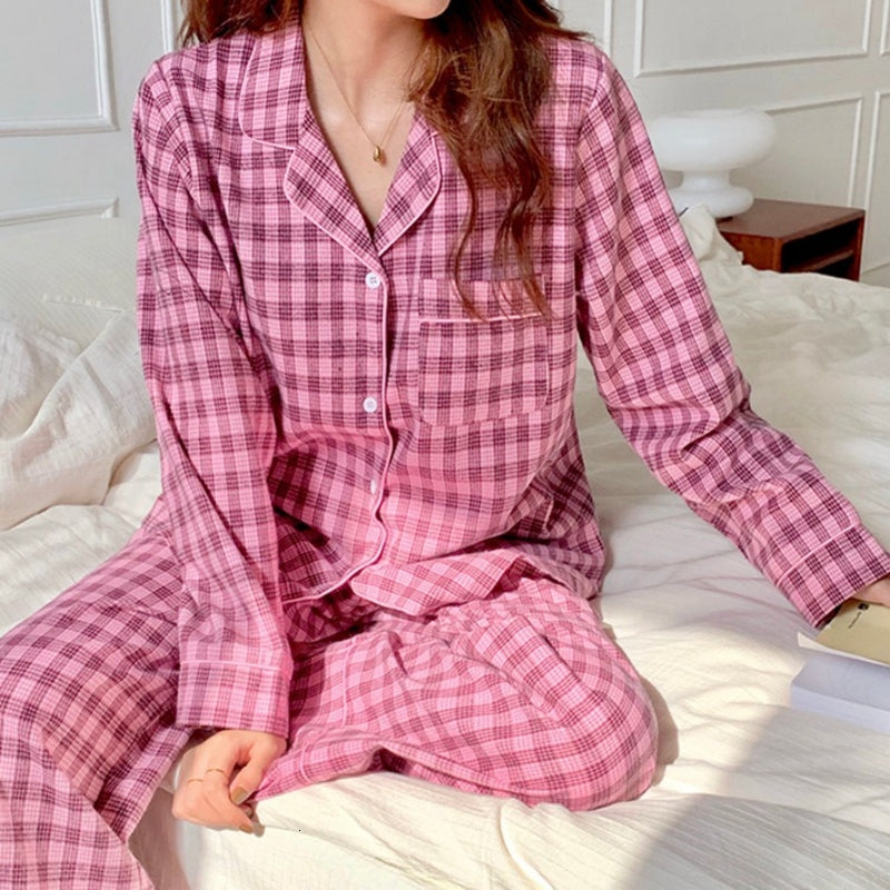 2021 New Set Woman Cotton Spring Winter Sleepwear 2 Pieces Casual Lattice Lapel Soft Pajamas Female Homewear Plus 3dga