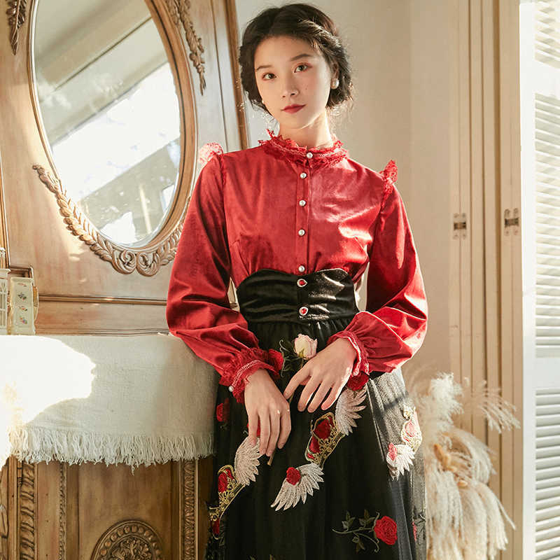 Women&#039;s Blouses & Shirts Vintage Style Lace Patchwork Stand Collar Veet Shirt Women Tops Spring Autumn Long Sleeve Button Down Lad