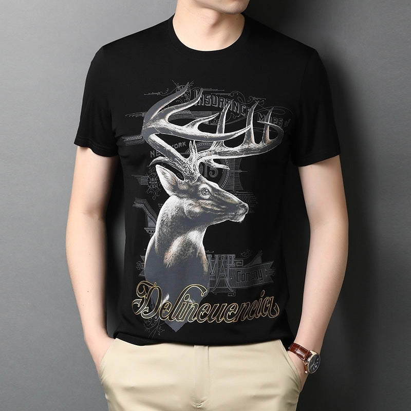 2021 summer new men&#039;s short sleeve T-shirt youth personality trend slim round neck Pullover 3D elk print