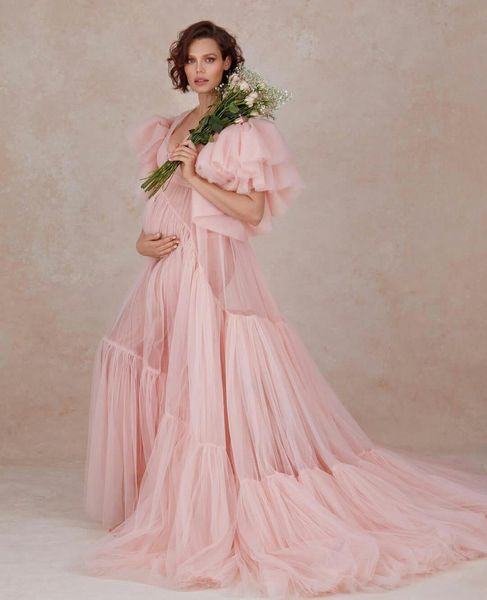 Maternity Women Evening Dresses Pretty Pink Luxury Ruffles Pregnant Gown for Photoshoot Boudoir Lingerie Bathrobe Nightwear Baby Shower