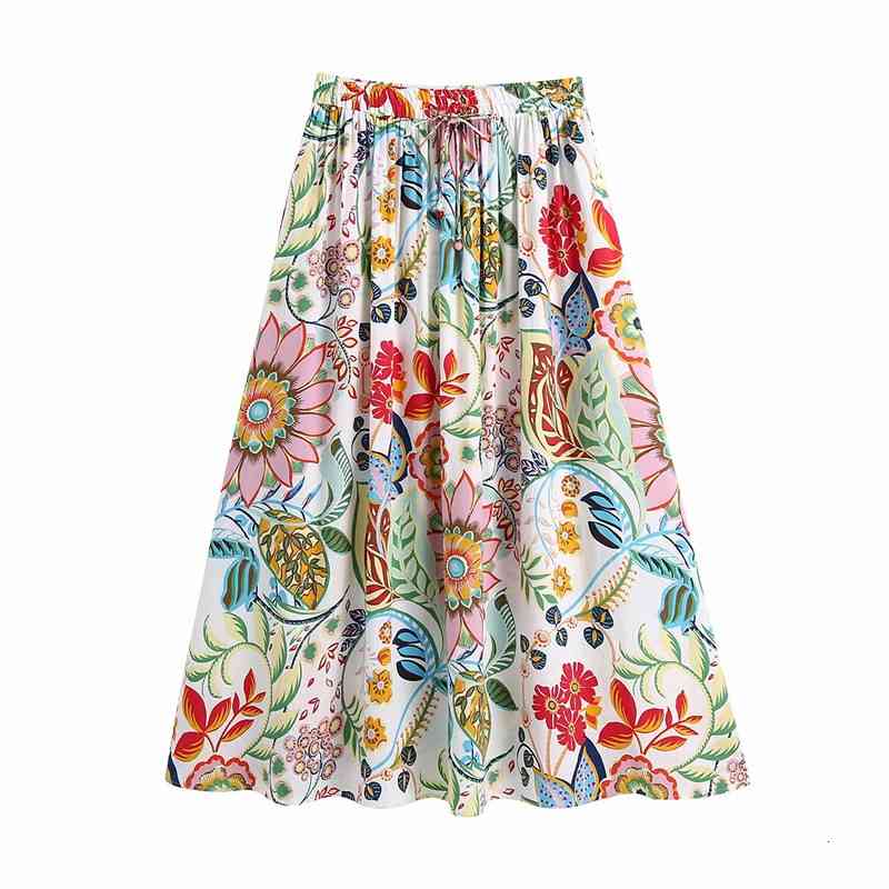 Skirts Chic Lady Elegeant Drawstring Elastic High Waist Za Summer Long Women Fashion Flower Print A-Line Skirt Z6D6