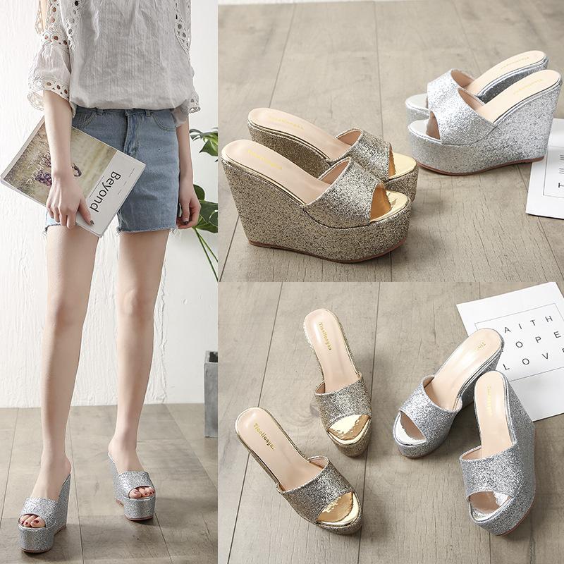 Slippers Brand For Woman Summer Platform Slides Bling Sandalias Mujer Wedges Shoes Women Glitter Thick Bottom Mule Gold Silver