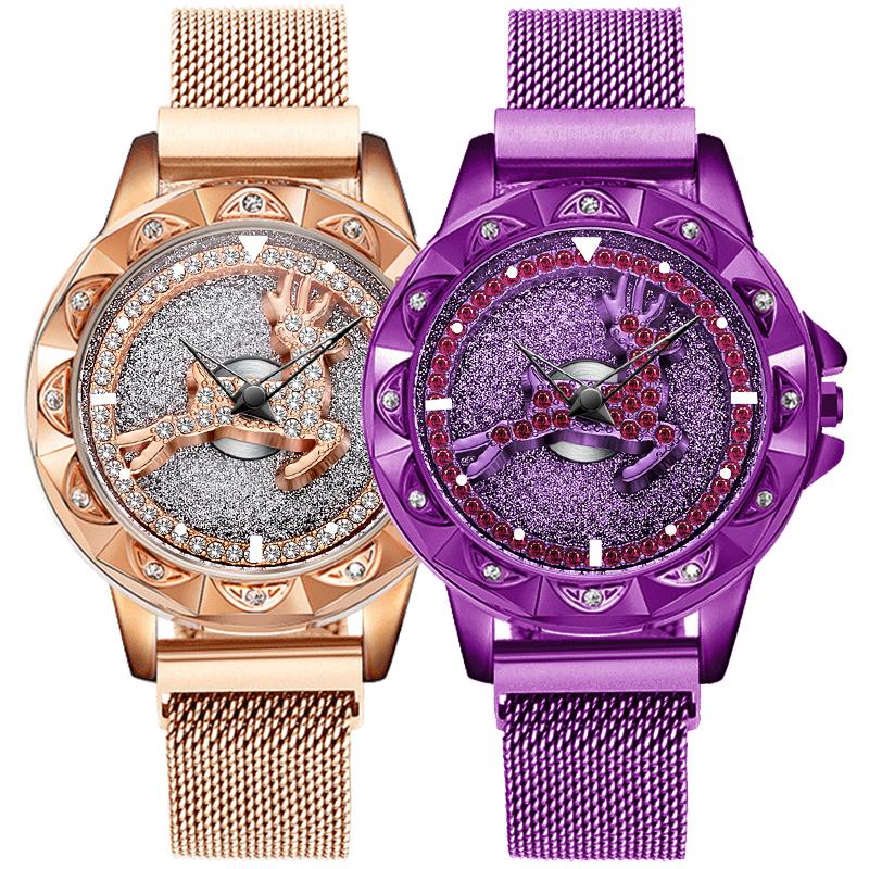 Wristwatches Rose Gold Luxury Fashion Blindbling Deer Rhinestone Quartz Watch Women Wristwatch Mesh Belt Band Dress Gift