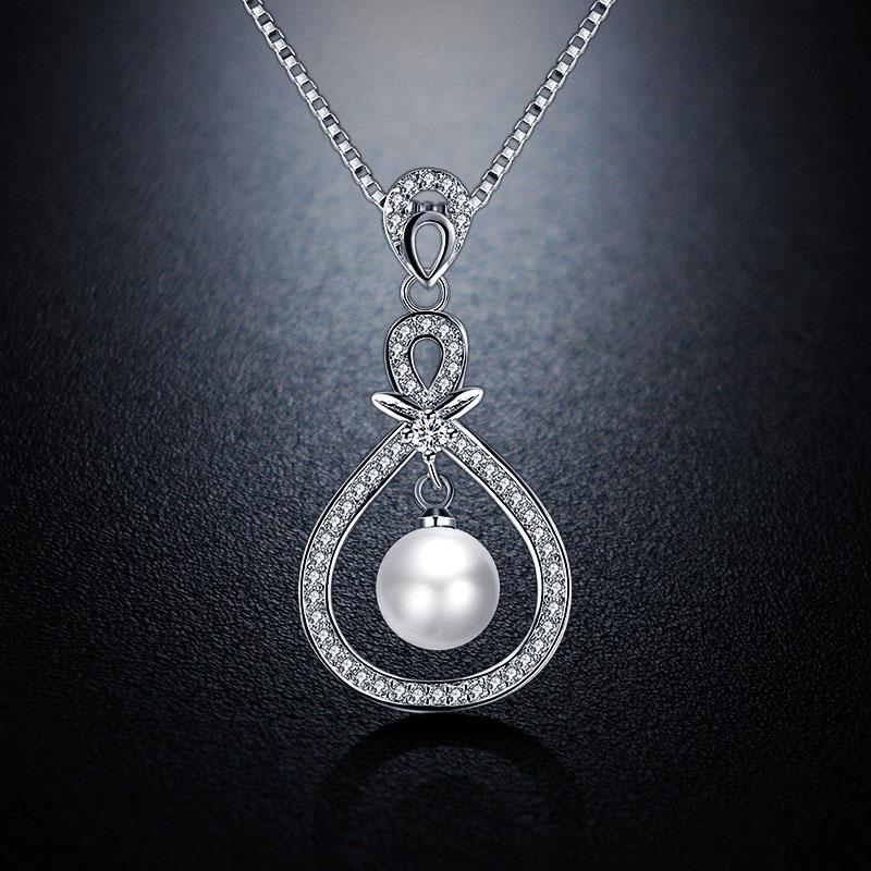 Pendant Necklaces Glittering Simulated Pearl Pendants For Women Silver Color Paved Tiny Cubic Zirconia Jewelry Bijoux Femme LKN1037