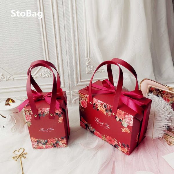 StoBag 5pcs-Lot Thank You Red Flower Handle Paper Boxes Wedding Birthday Party Gift Egg Yolk Crisp Packing Supplies 210602