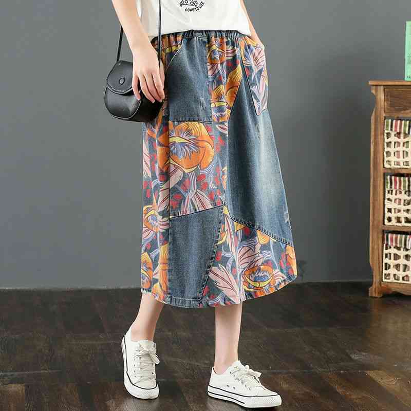 Skirts Falda de retales tela vaquera, falda brotes florales,S57 con cintura elstica, ajustada y verstil, estampado OBJ8