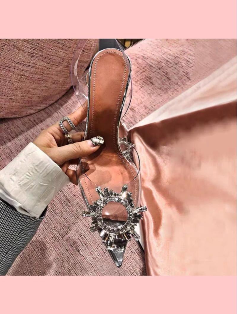 Sandals Summer Transparent Women&#039;s One-word High Heels Net Red Water Drill Pointed Single Shoe