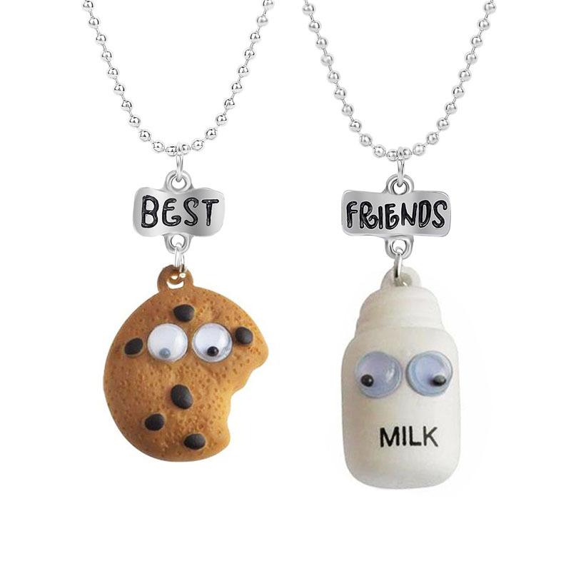 Chains 2 Pieces - Set Cute Cookies And Milk Cup Pendant Necklace Friends Men Girls Couple Necklaces Birthday Gift Jewelry
