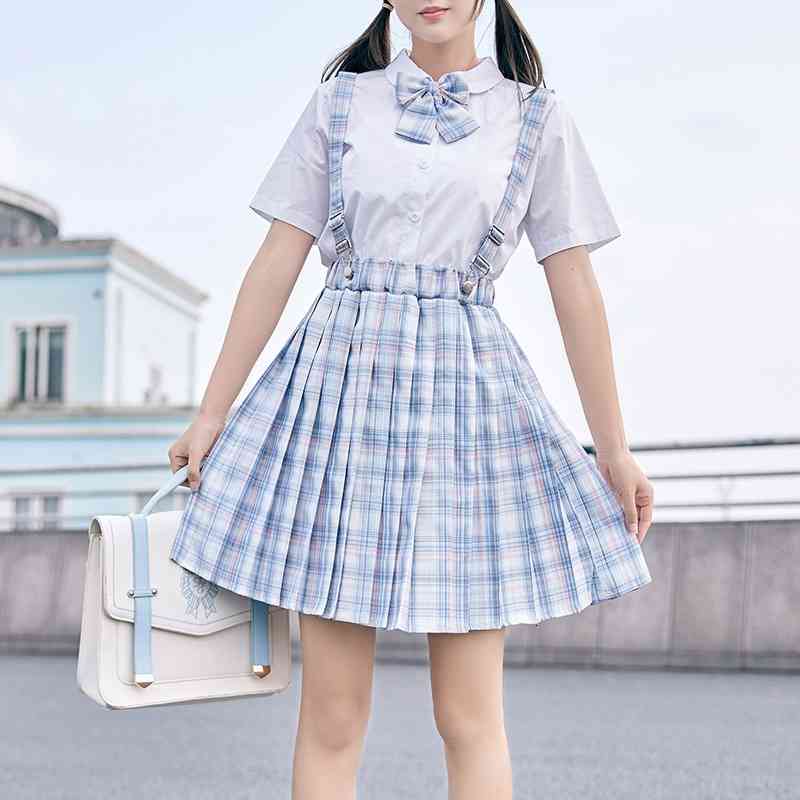 Skirts Summer Japanese School Girl Suspender Skirt Women Kawaii High Waist Jk Lolita Cosplay Uniform Suits Plaid Pleated Mini H8GH