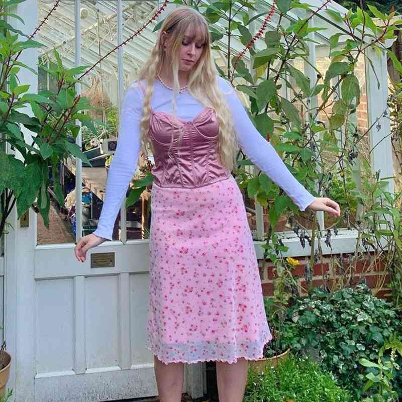 Skirts Floral Print Pink High Waist Midi Skirt Y2K Patchwork Mesh Double Layer A Line Short Womens Summer Casual Kawaii Fashion M4