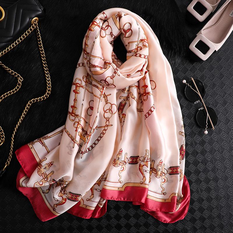 Scarves Women Imitation Silk Scarf Retro Chain Print Shawls Office Lady Soft Wraps Female Headscarf Beach Towel Gift 90x180cm