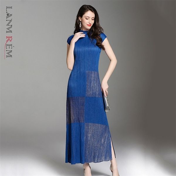 Women Summer Dress Standing Collar A-line Slim Patchwork Pleated Female Large Size Fashion 2H245 210526
