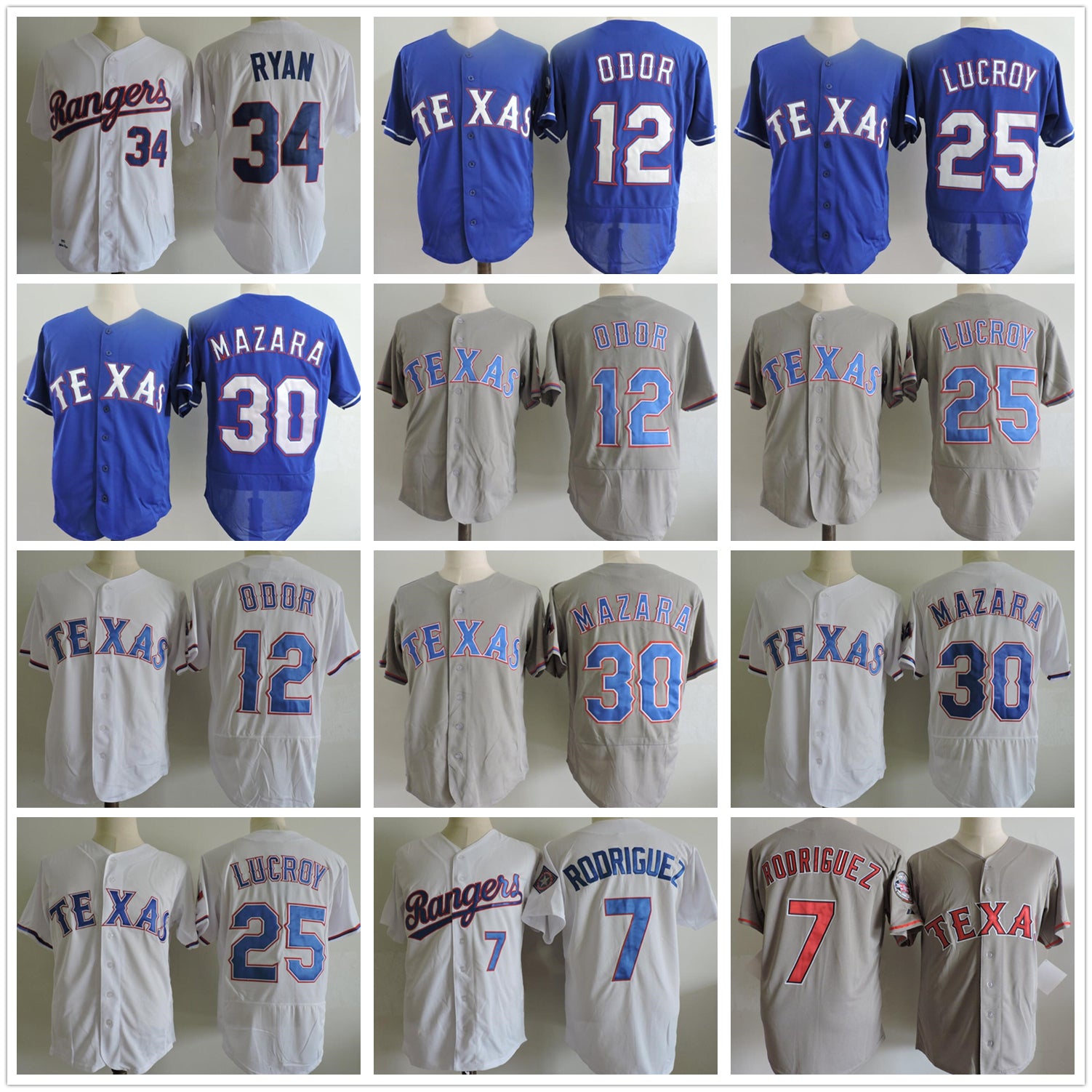 Retror 1993 Vintage Baseball 34 Nolan Ryan Jersey 7 Ivan Rodriguez Retire Pullover Stitched Cooperstown Red Blue White Grey High Quality