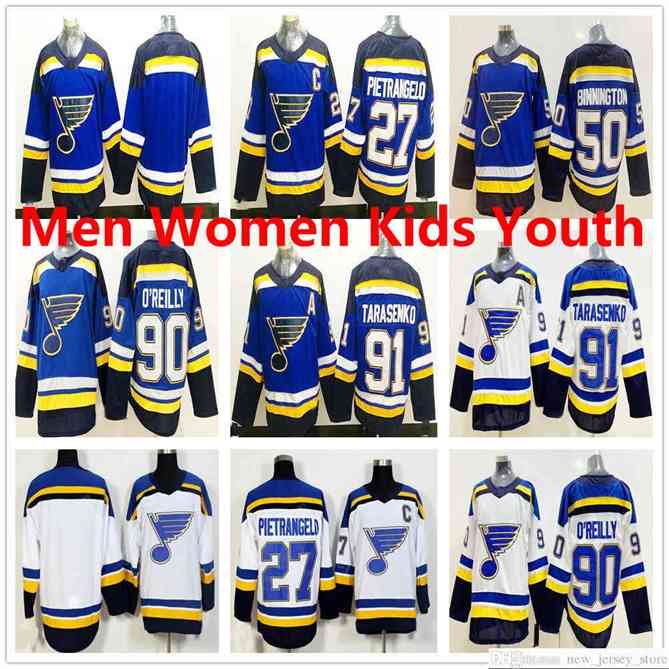 96 Men Women Kids Youth St. Louis Blues Hockey 27 Alex Pietrangelo 50 Binnington 91 Vladimir 90 Ryan O&#039;Reilly Blue White Stitched Jerseys