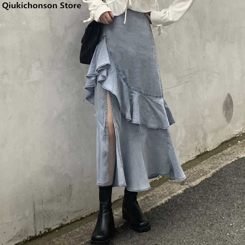 Skirts Midi Long For Women 2021 Vintange Summer Denim High Waisted Asymmetrical Ruched Ruffle rok faldas OIIJ