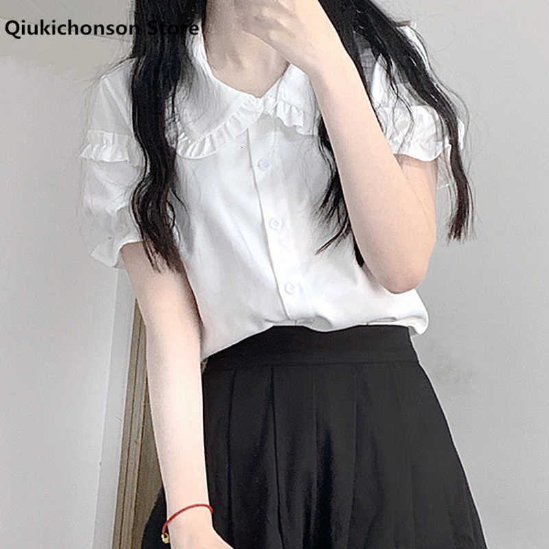 Women&#039;s Blouses & Shirts Summer Women White Button Up Shirt Japanese Kawaii Soft Girl Frilly Peter Pan Collar Lolita Blouse Sleeve