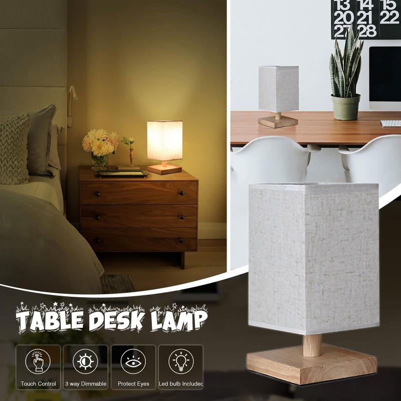 Night Lights Usb Bedside Table Lamp Shade And Wood Base Modern Led Desk Minimalist Wooden With Square Fabric Ornaments