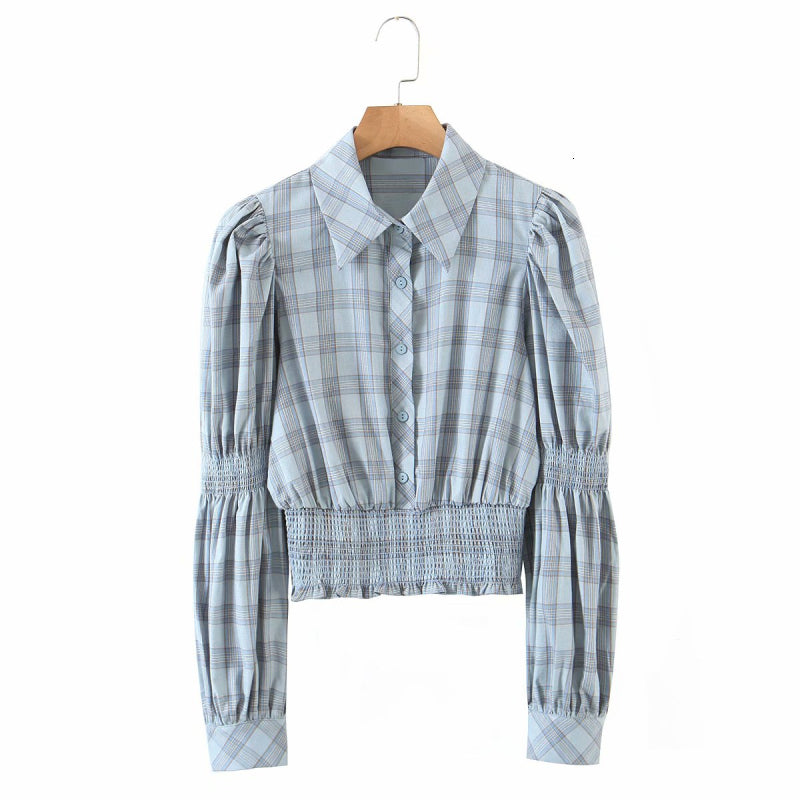 Women&#039;s Knits & Tees Casual Woman Slim Blue Plaid Short Cotton Shirt 2021 Spring Fashion Ladies Sleeve Blouses Girls Sweet Soft Bu