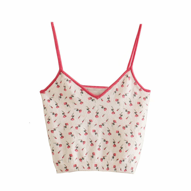 Women&#039;s Tanks & Camis Sweet Women Draw Back V Neck Sling 2021 Summer Fashion Ladies Slim Vintage Female Floral Jacquard Short Knit